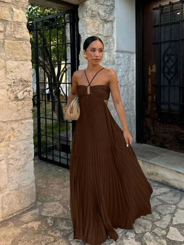 Pankh Elysia Halter Neck Pleated Maxi Dress - Brown / XL Pankh Elysia Halter Neck Pleated Maxi Dress - Brown / XL