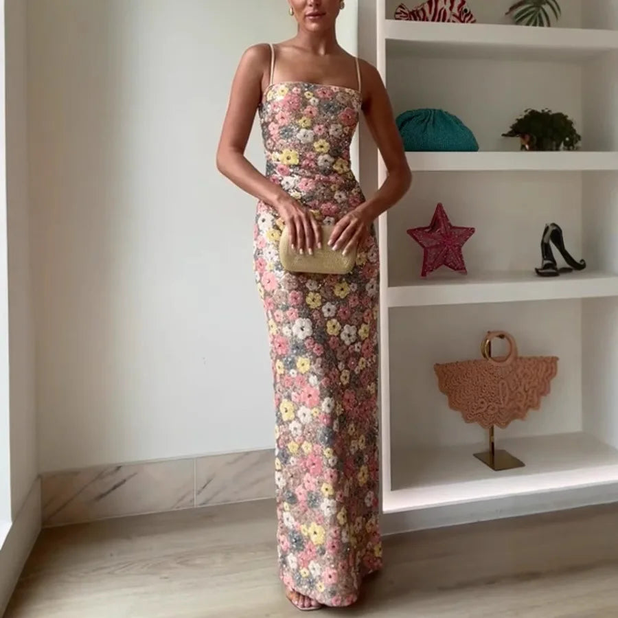 Women's Floral Spaghetti Strap Square Neck Maxi Wedding Guest Dress