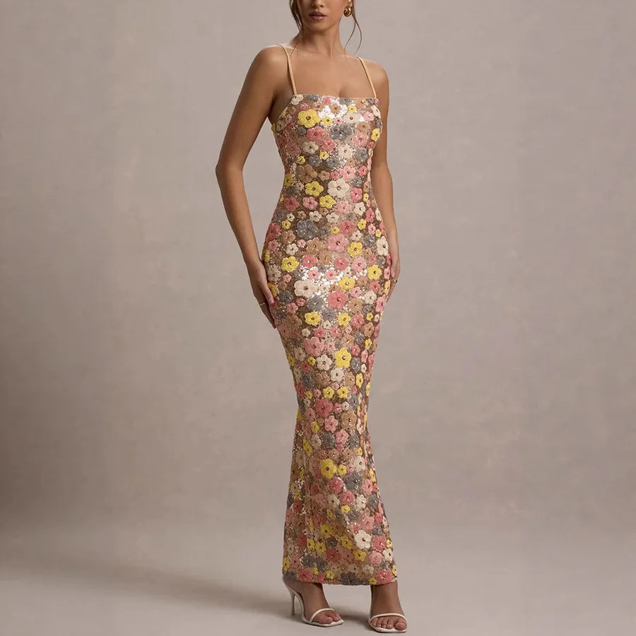 Women's Floral Spaghetti Strap Square Neck Maxi Wedding Guest Dress