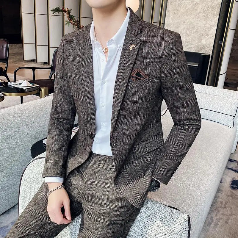 Men’s Notch Lapel Single Breasted Two Piece Check Suit