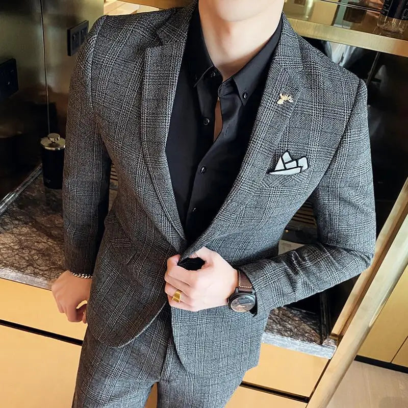 Men’s Notch Lapel Single Breasted Two Piece Check Suit