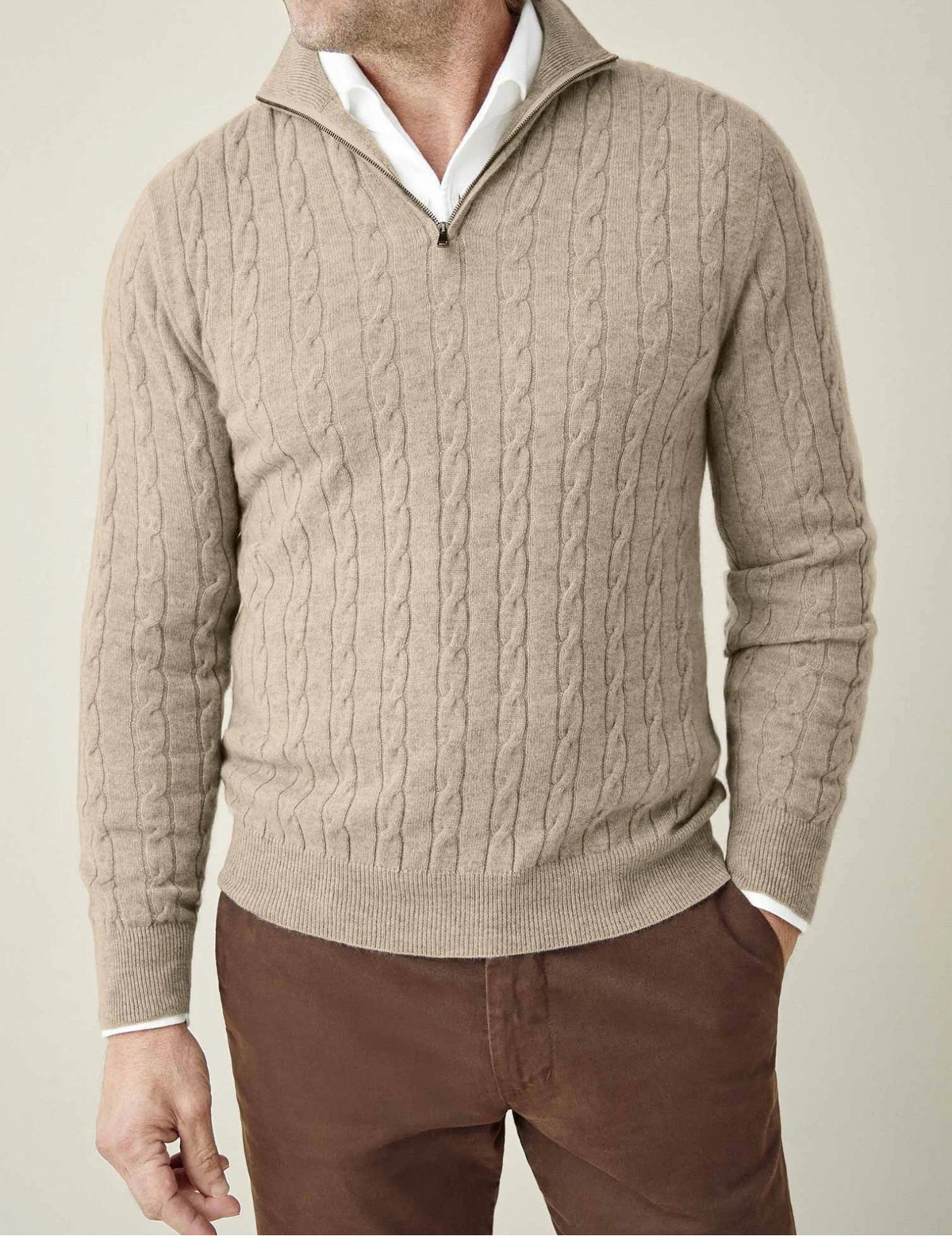 Men’s Cable Knit Half Zip Stand Collar Long Sleeve Sweater