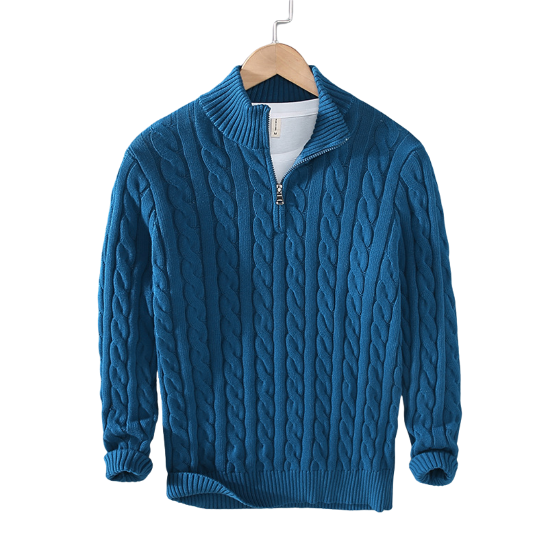 Men’s Cable Knit Quarter Zip Stand Collar Long Sleeve Sweater