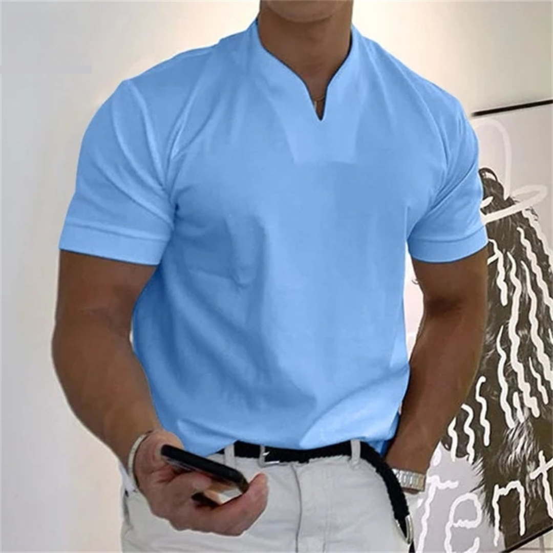 Men's Casual Mandarin Collar Short Sleeve Pullover Shirt