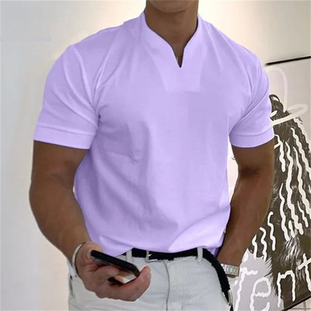 Men's Casual Mandarin Collar Short Sleeve Pullover Shirt