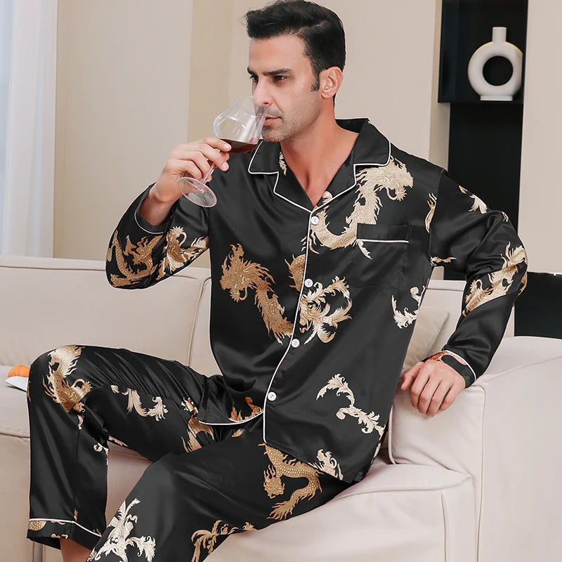 Men’s Dragon Print Long Sleeve Button Front 2 Piece Pajama Set