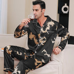 Men’s Dragon Print Long Sleeve Button Front 2 Piece Pajama Set
