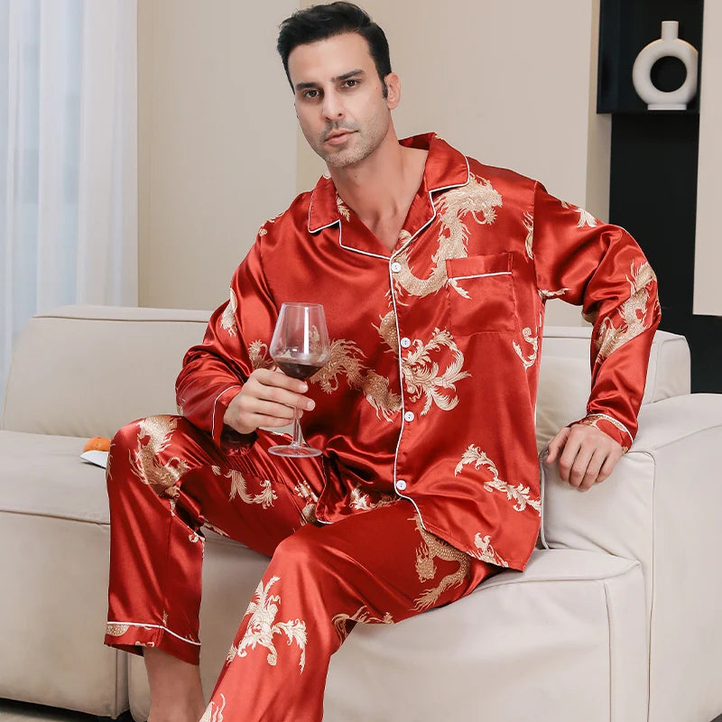 Men’s Dragon Print Long Sleeve Button Front 2 Piece Pajama Set