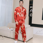 Men’s Dragon Print Long Sleeve Button Front 2 Piece Pajama Set