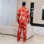 Men’s Dragon Print Long Sleeve Button Front 2 Piece Pajama Set