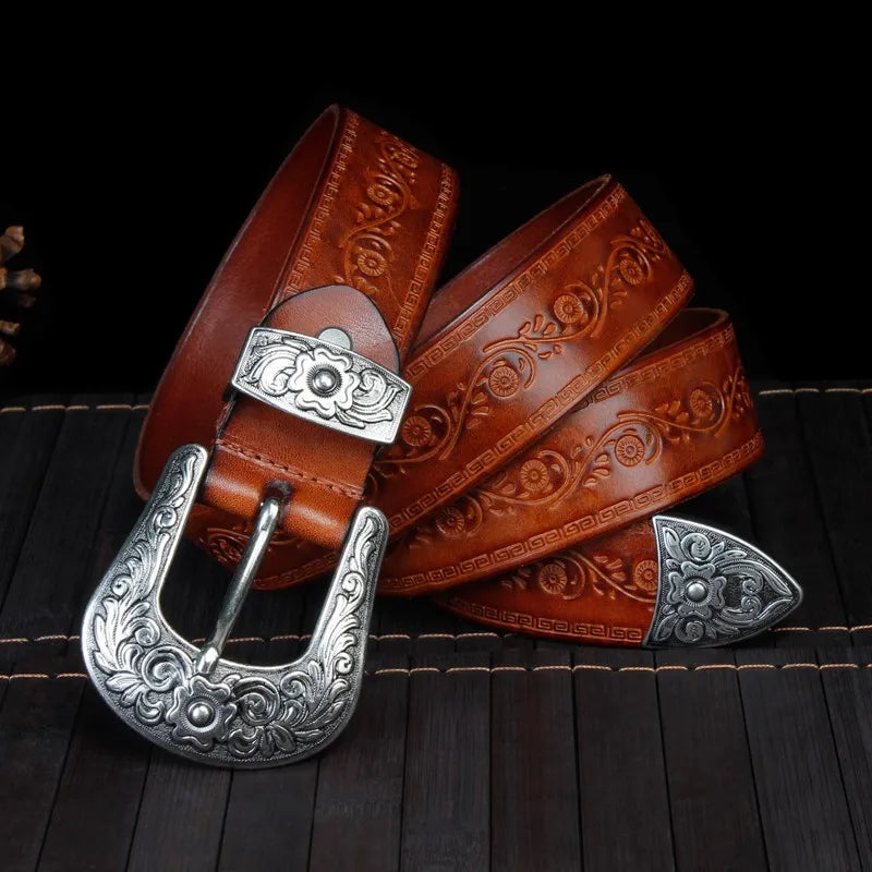 Men’s Engraved Western Belt with Metal Buckle