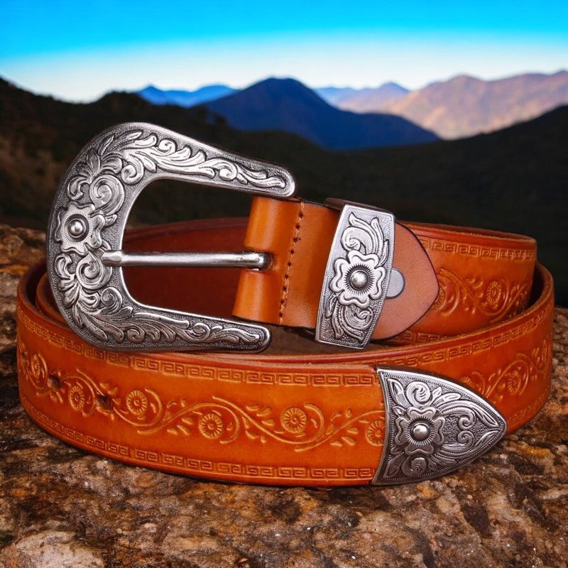 Men’s Engraved Western Belt with Metal Buckle