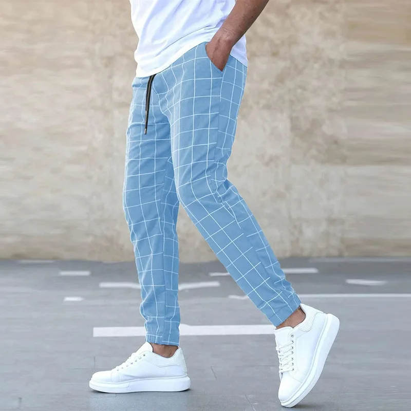 Men’s Grid Print Drawstring Slim Fit Jogger Pants