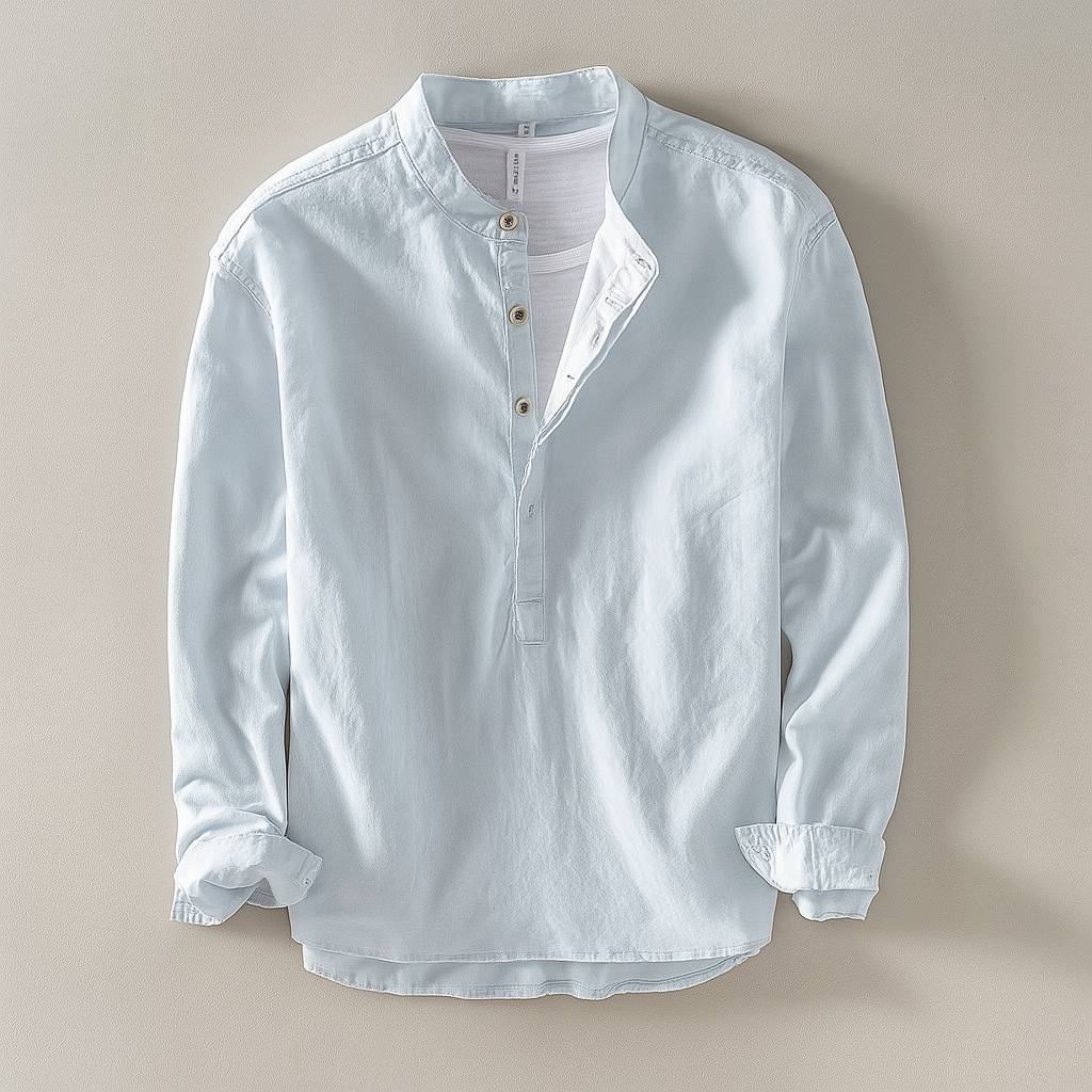 Men's Henley Mandarin Collar Button Front Long Sleeve Pullover Shirt