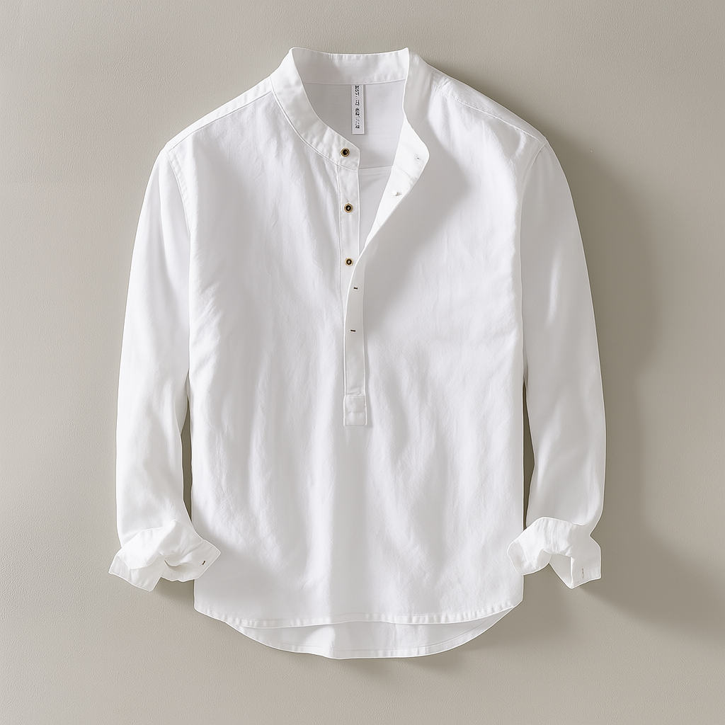 Men's Henley Mandarin Collar Button Front Long Sleeve Pullover Shirt