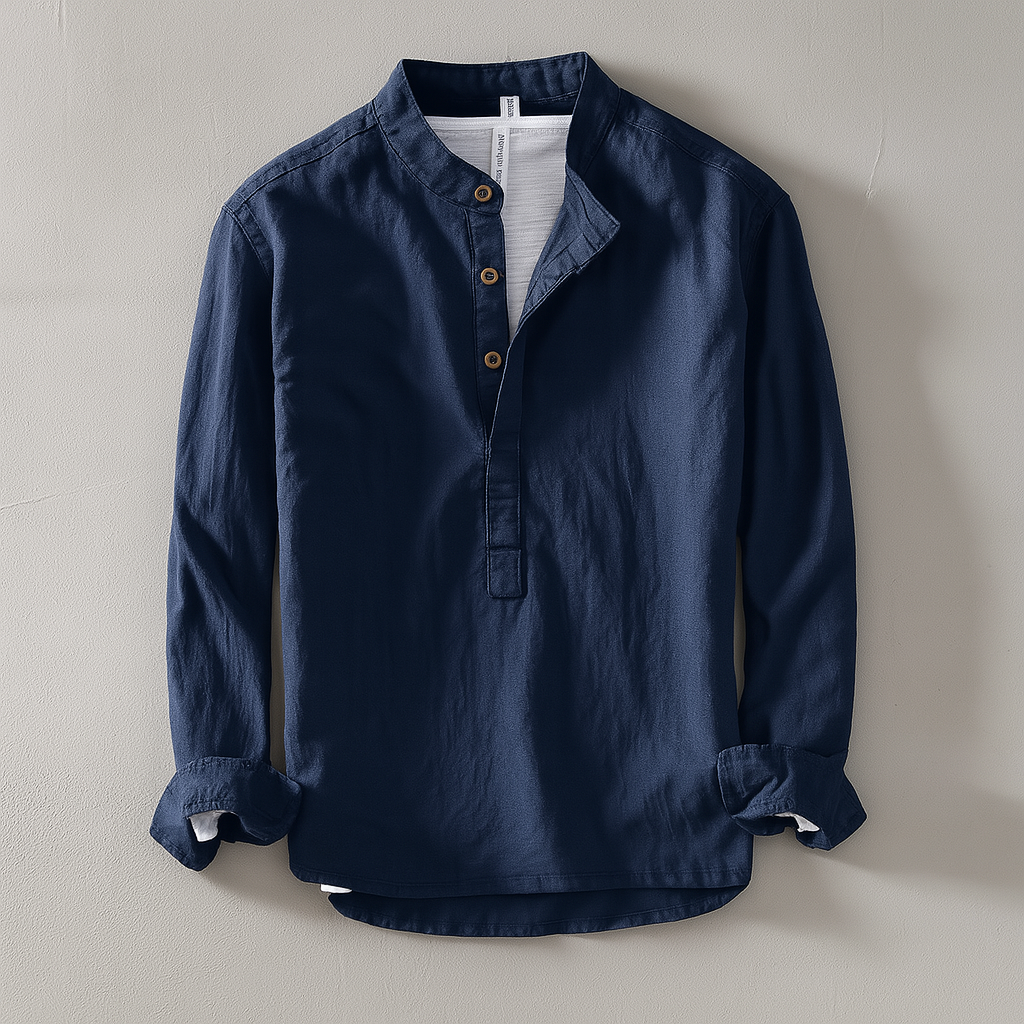 Men's Henley Mandarin Collar Button Front Long Sleeve Pullover Shirt