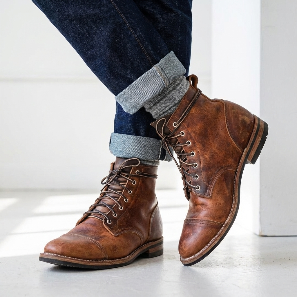 Men’s Lace-Up Distressed Finish Cap Toe Ankle Boots - Brown / 6 - Fashion