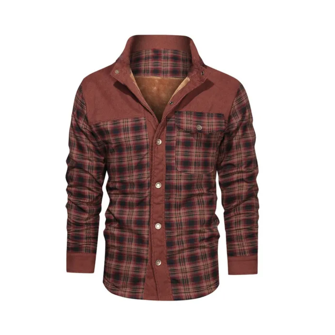 Men's Long Sleeve Button Front Fleece-lined Plaid Shirt Jacket