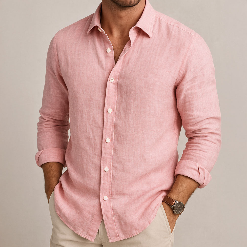 Men's Long Sleeve Button Front Point Collar Curved Hem Shirt