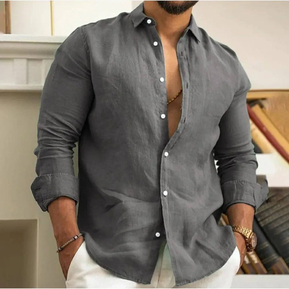 Men's Long Sleeve Button Front Turn Down Collar Rounded Hem Shirt