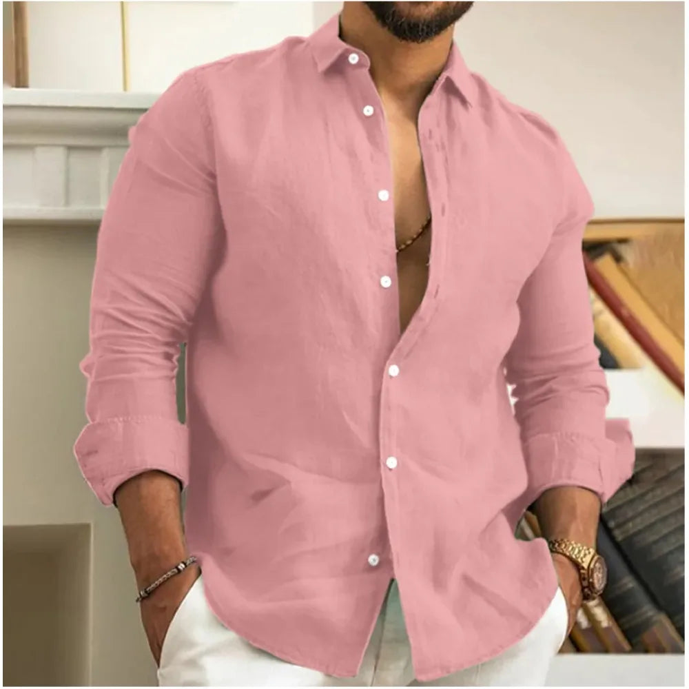 Men's Long Sleeve Button Front Turn Down Collar Rounded Hem Shirt