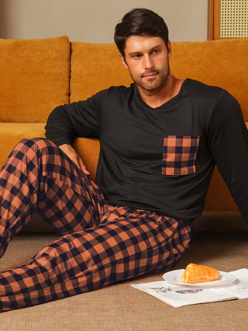 Men’s Long Sleeve Check Pocket 2 Piece Pajama Set