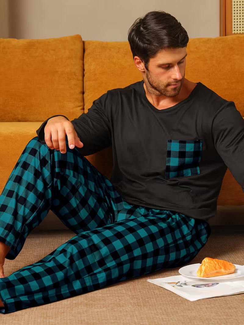 Men’s Long Sleeve Check Pocket 2 Piece Pajama Set