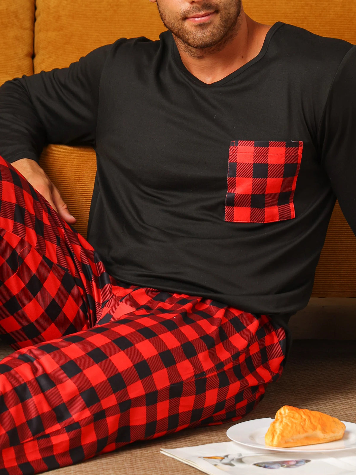 Men’s Long Sleeve Check Pocket 2 Piece Pajama Set