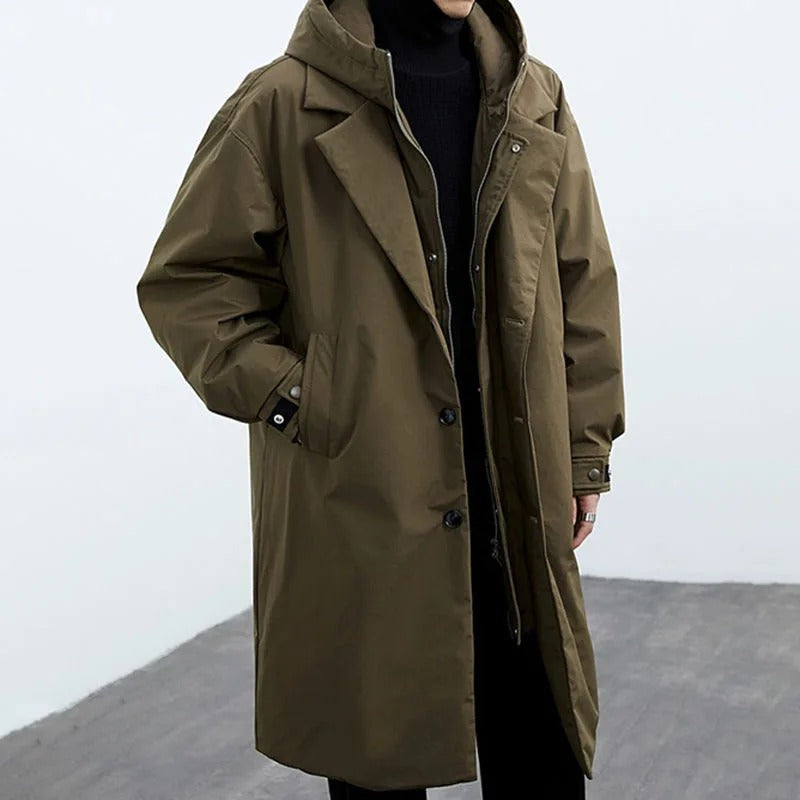 Men's Long Sleeve Lapel Collar Hooded Trench Coat