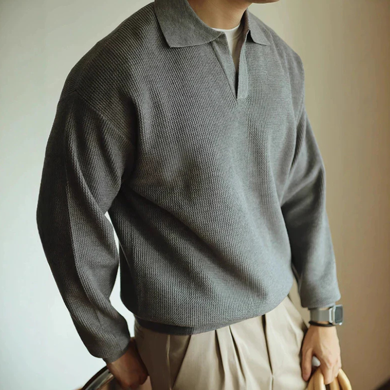 Men's Long Sleeve Textured Polo Sweater