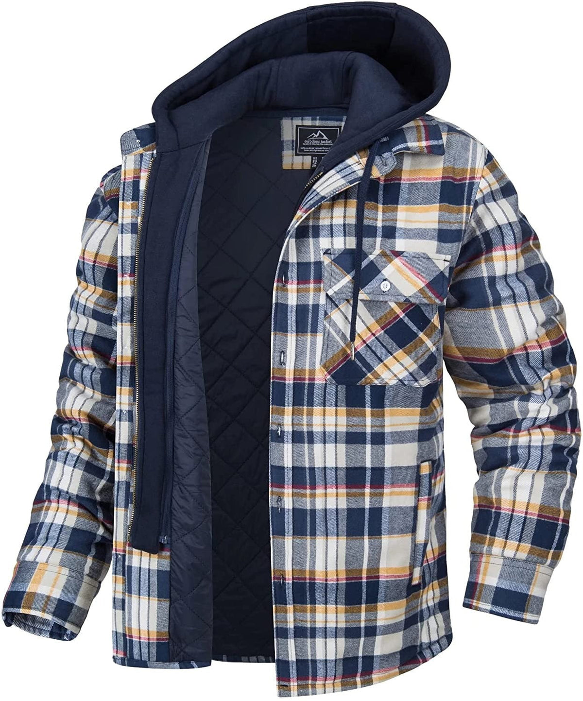 Men's Long Sleeve Zip Front Hooded Flannel Shirt Jacket