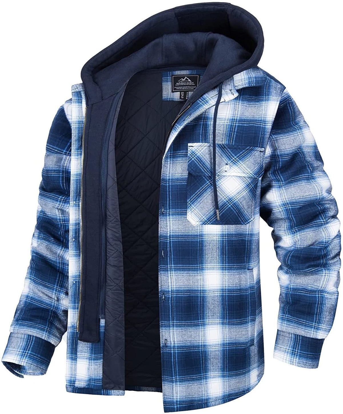 Men's Long Sleeve Zip Front Hooded Flannel Shirt Jacket