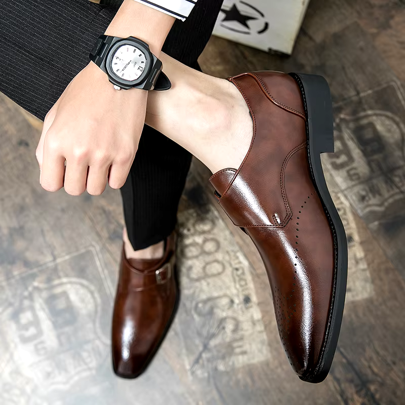 Men's Monk Strap Perforated Buckle Pointed Toe Dress Shoes
