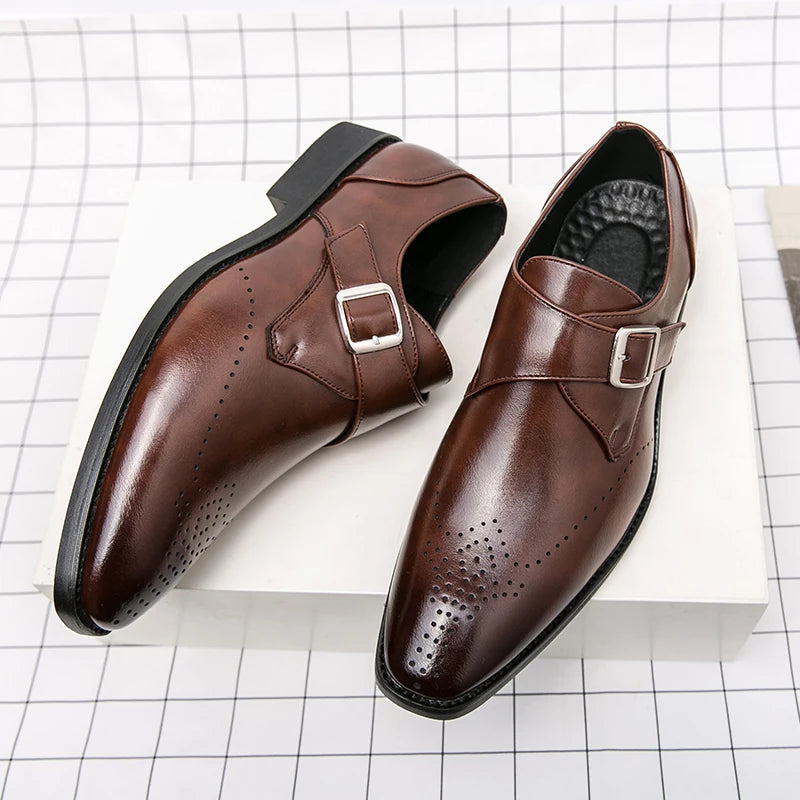 Men's Monk Strap Perforated Buckle Pointed Toe Dress Shoes