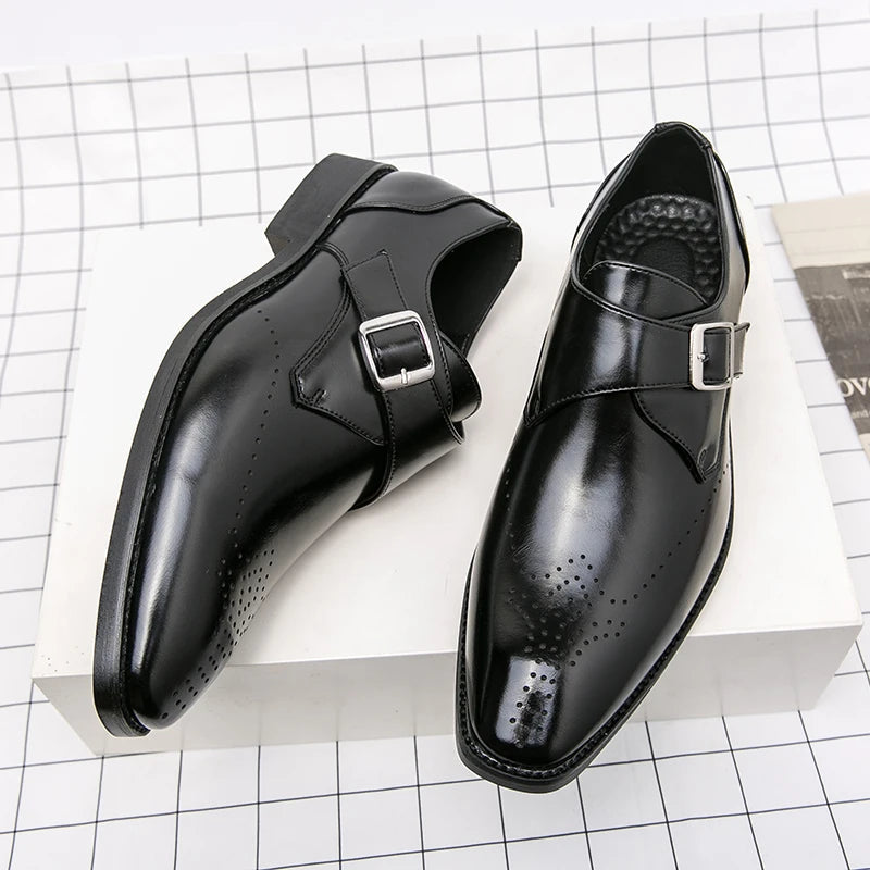Men's Monk Strap Perforated Buckle Pointed Toe Dress Shoes