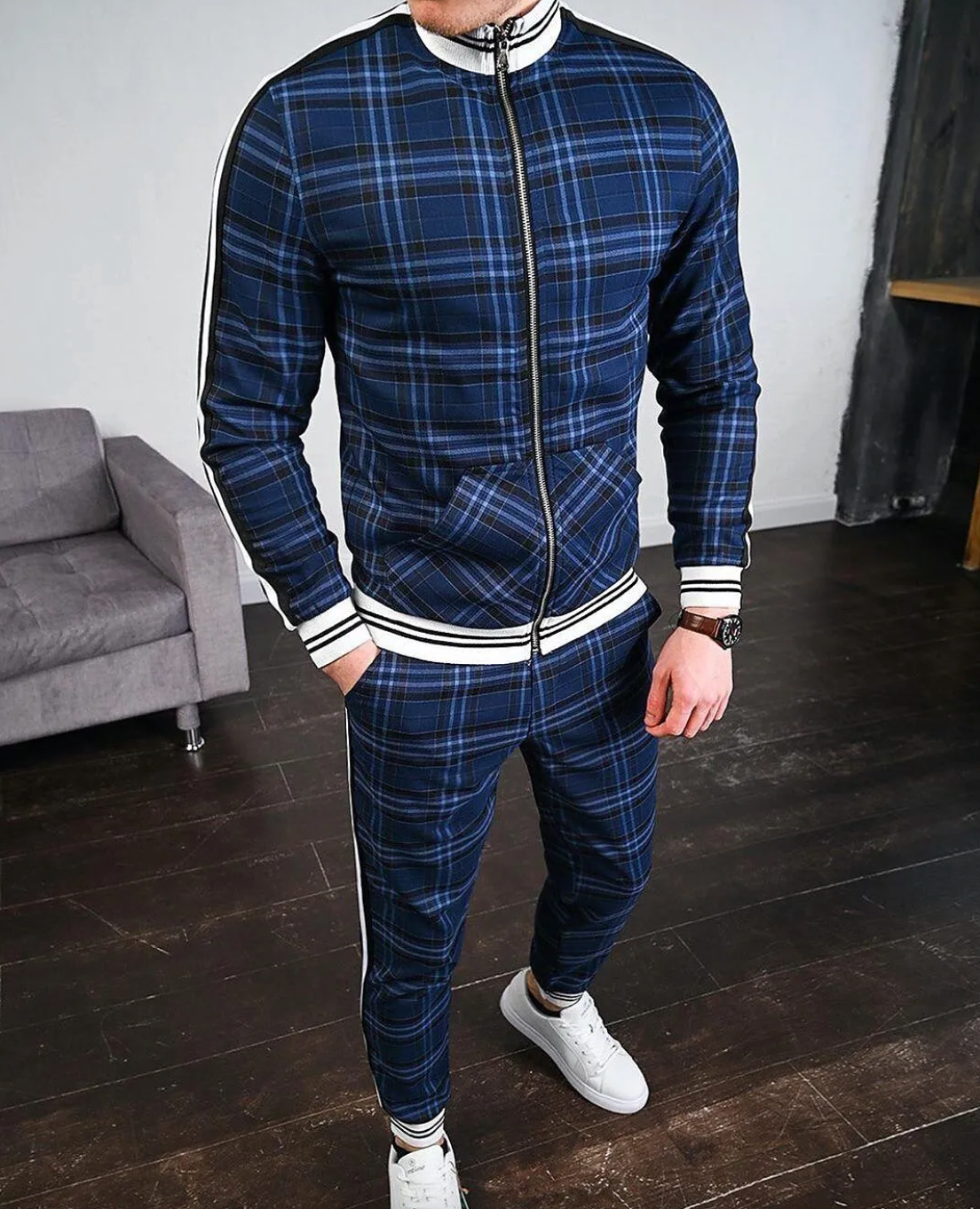 Men’s Plaid Zip Up 2 Piece Tracksuit Set