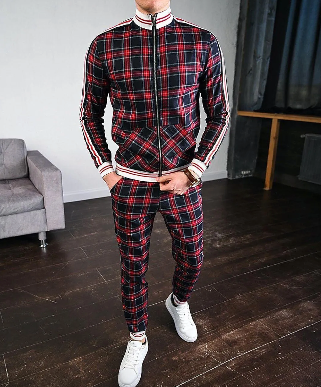 Men’s Plaid Zip Up 2 Piece Tracksuit Set