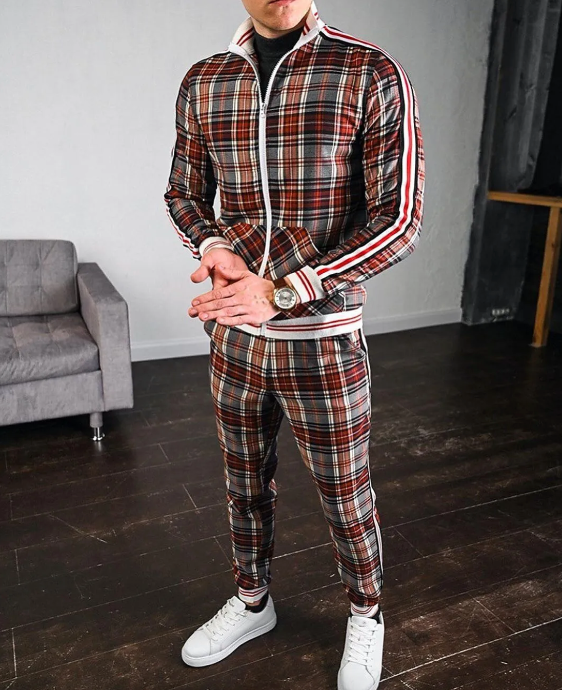 Men’s Plaid Zip Up 2 Piece Tracksuit Set