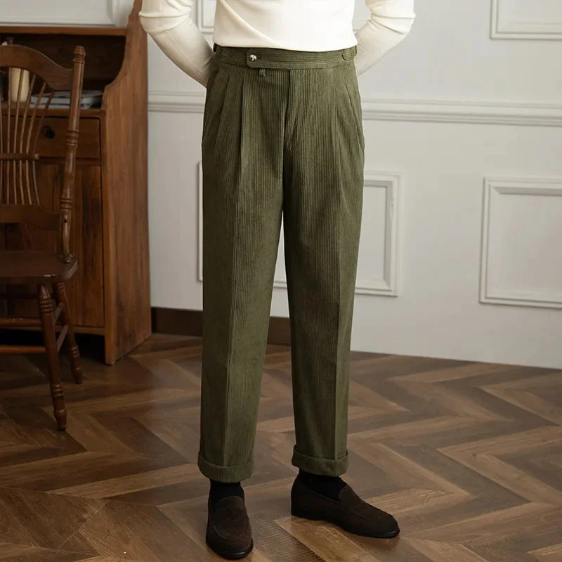 Men's Pleated Side Button Cuffed Hem Straight Leg Corduroy Pants