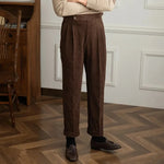 Men's Pleated Side Button Cuffed Hem Straight Leg Corduroy Pants