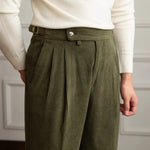 Men's Pleated Side Button Cuffed Hem Straight Leg Corduroy Pants
