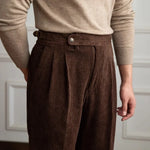 Men's Pleated Side Button Cuffed Hem Straight Leg Corduroy Pants