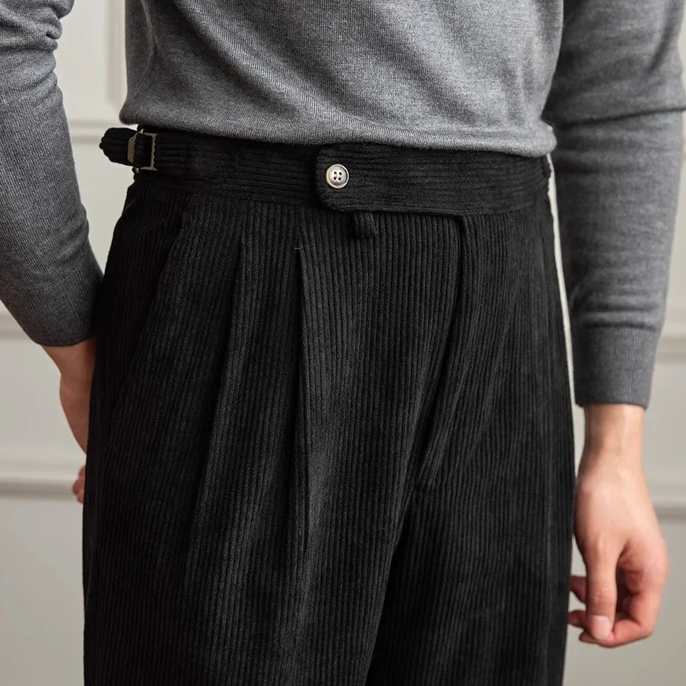 Men's Pleated Side Button Cuffed Hem Straight Leg Corduroy Pants