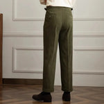 Men's Pleated Side Button Cuffed Hem Straight Leg Corduroy Pants