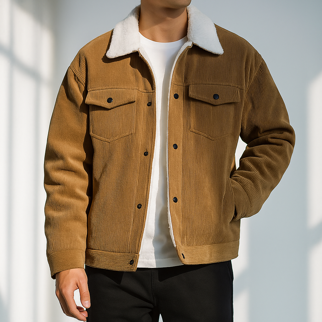 Men's Pointed Collar Snap-Button Corduroy Jacket