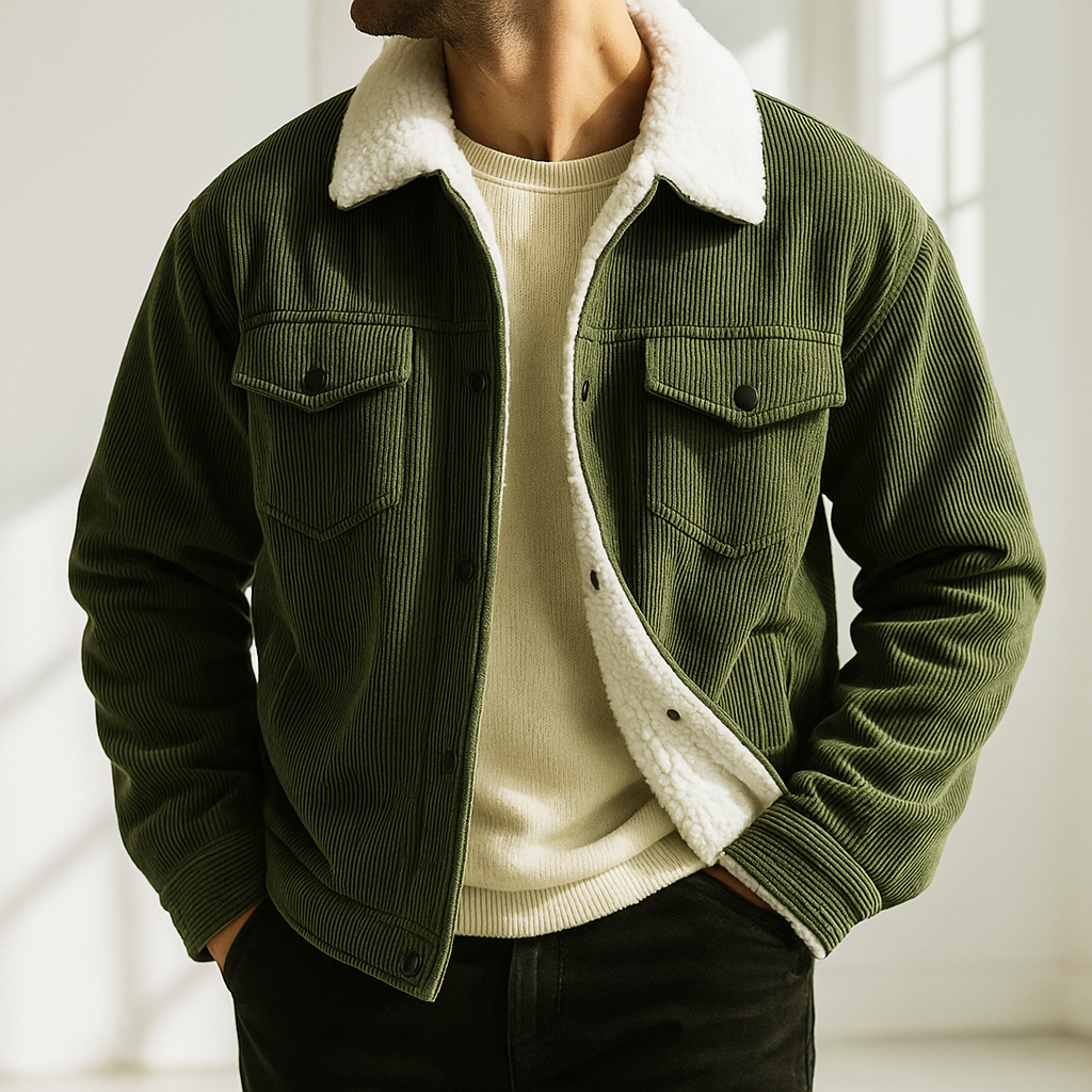 Men's Pointed Collar Snap-Button Corduroy Jacket