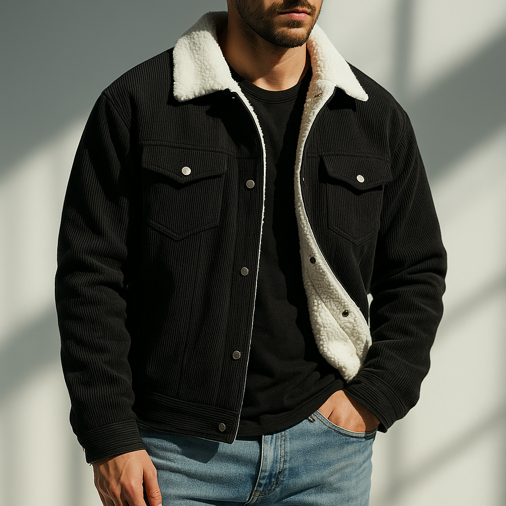 Men's Pointed Collar Snap-Button Corduroy Jacket
