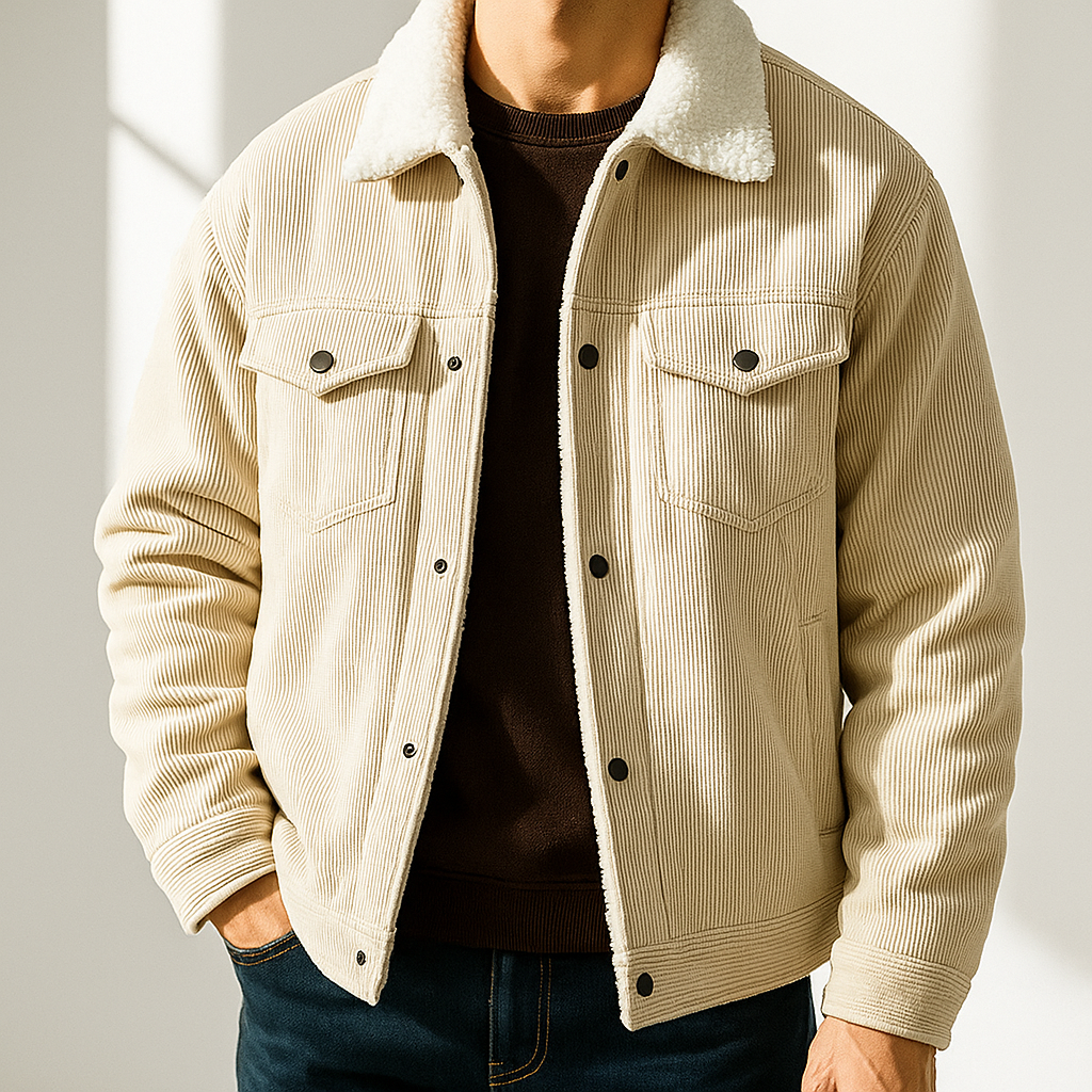 Men's Pointed Collar Snap-Button Corduroy Jacket