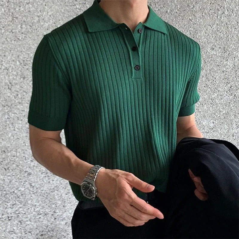Men's Ribbed Button Polo Collar Short Sleeve Polo Shirt