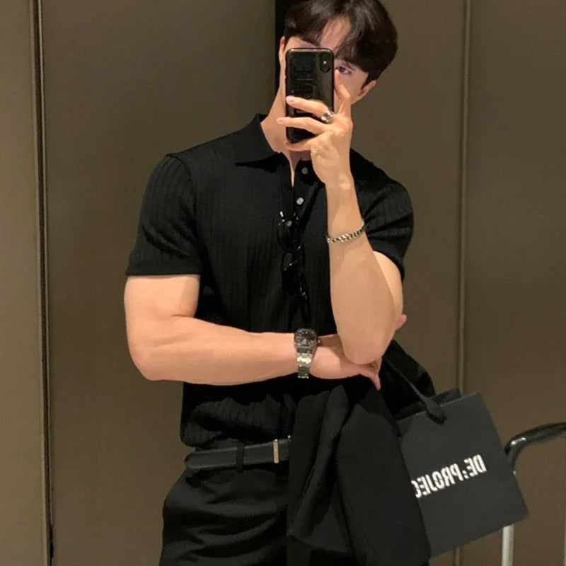 Men's Ribbed Button Polo Collar Short Sleeve Polo Shirt